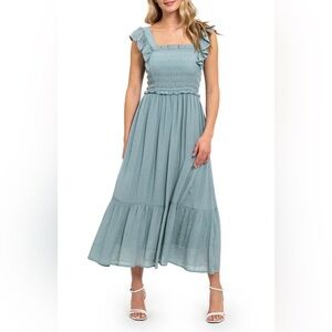 August Sky Ruffle Cap Sleeve Fit and Flare Teal Maxi Dress Green Smocked Tiered